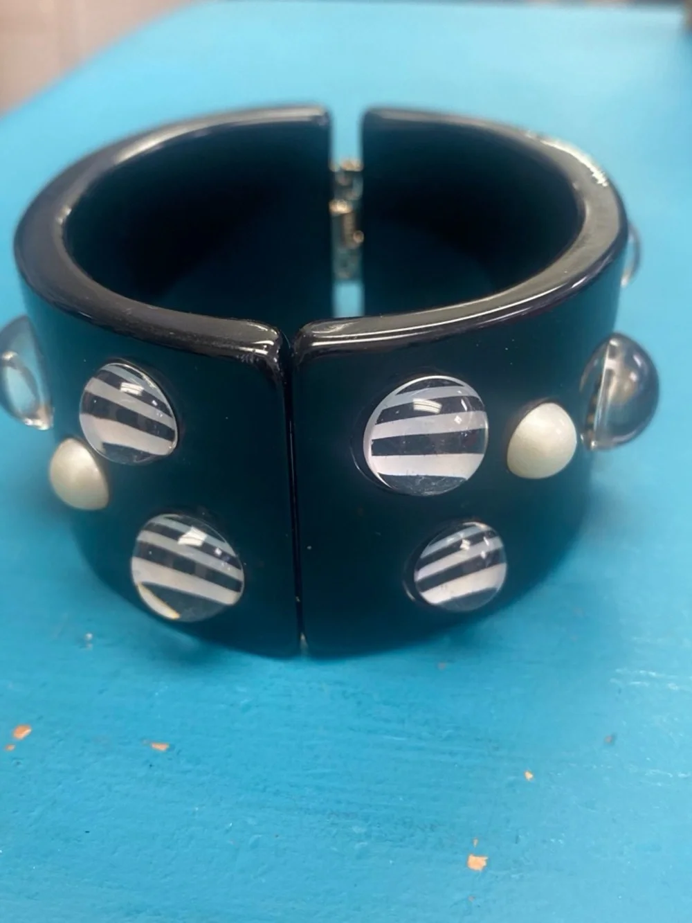 Vintage Black Beaded Accent cuff  Bangle Bracelet with Pearl and Striped Inlays